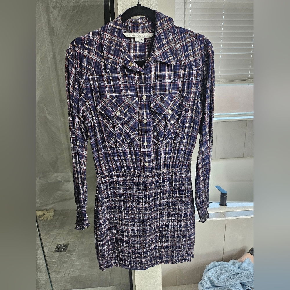 Veronica Beard Navy Plaid Long Sleeve Dress